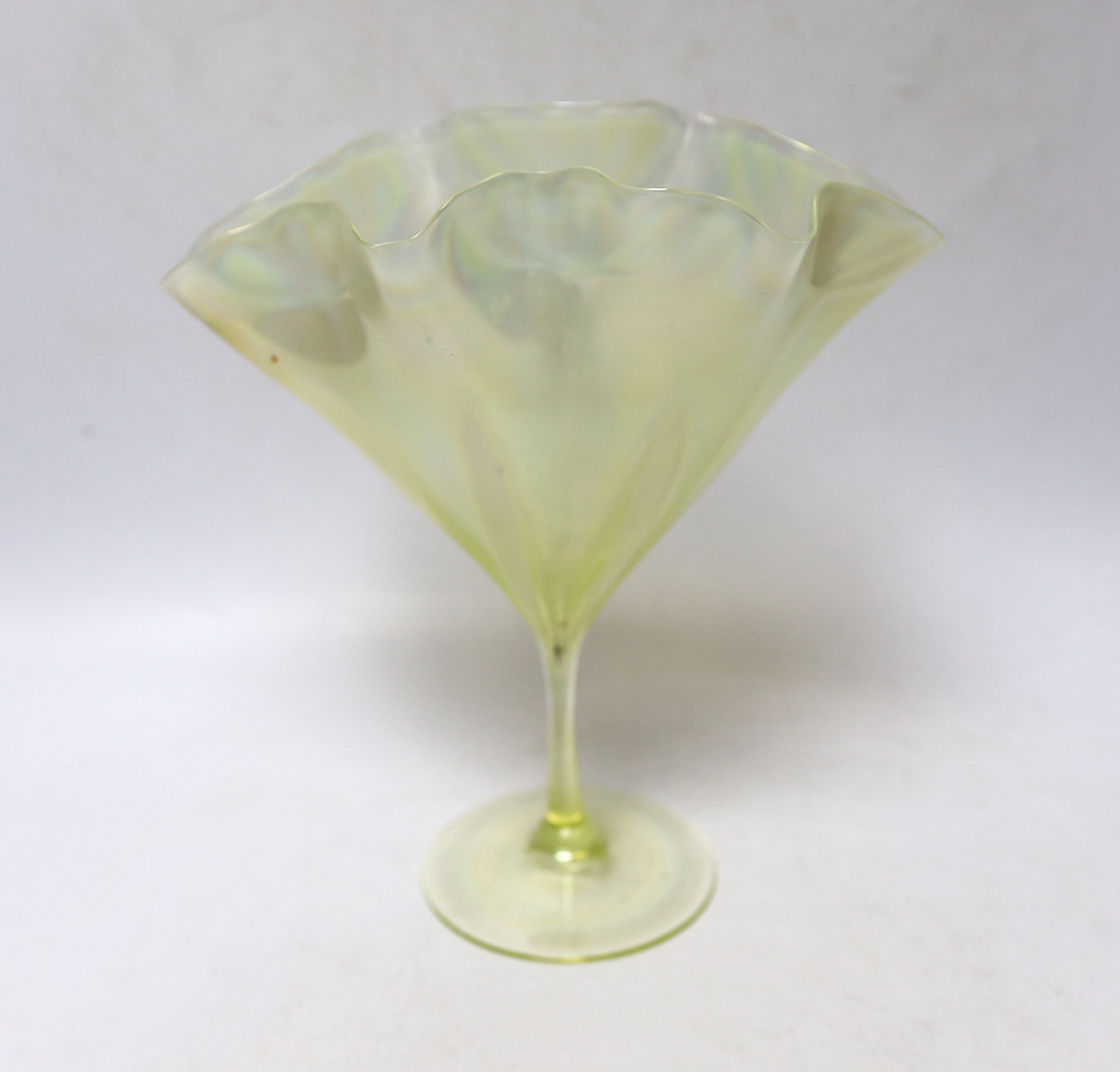 Attributed to Harry Powell for Whitefriars - an iridescent vaseline glass floriform vase, 21cm high